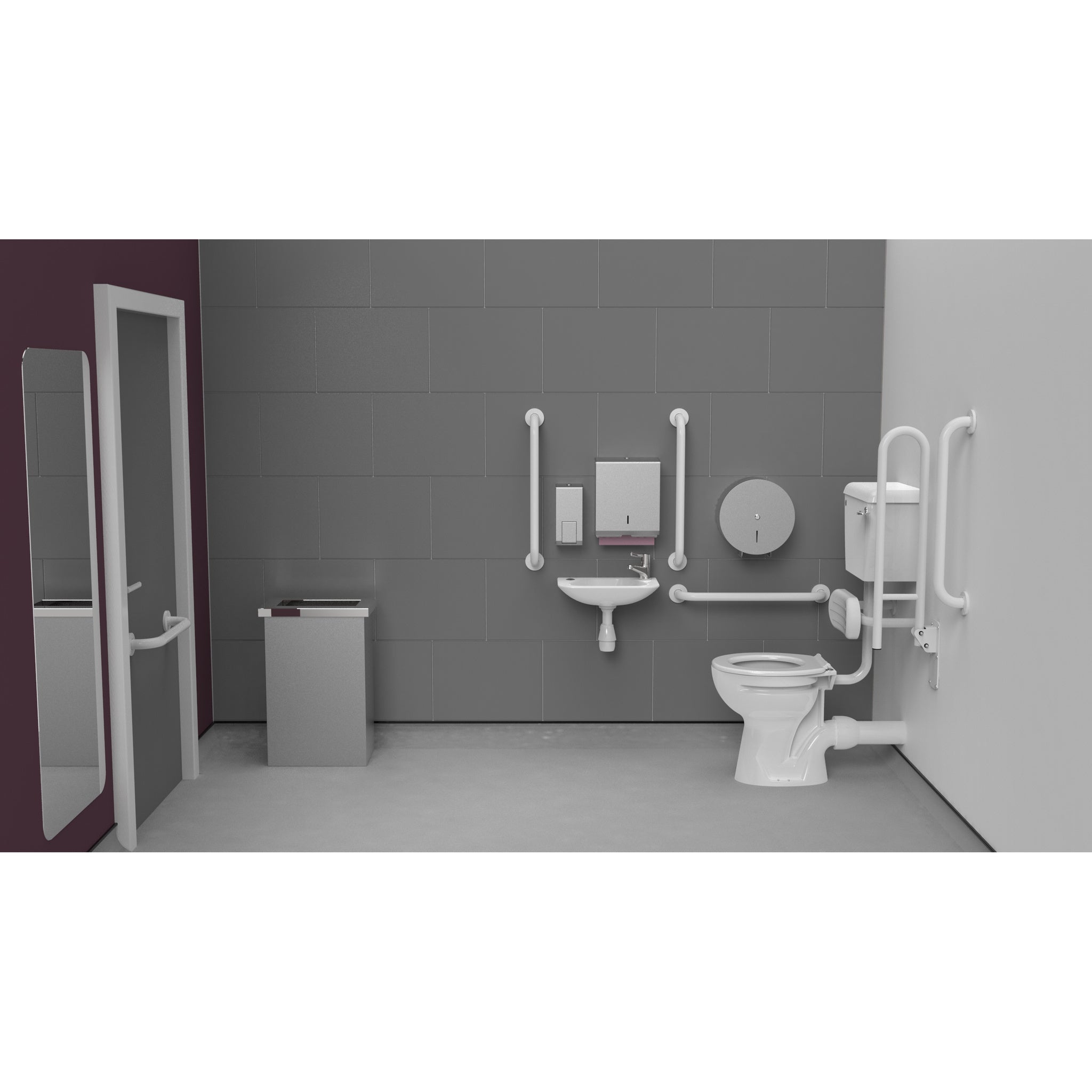Fitzroy Of London Low Level Doc M Toilet Pack, concealed fixings stainless steel, white finish, installed in a washroom