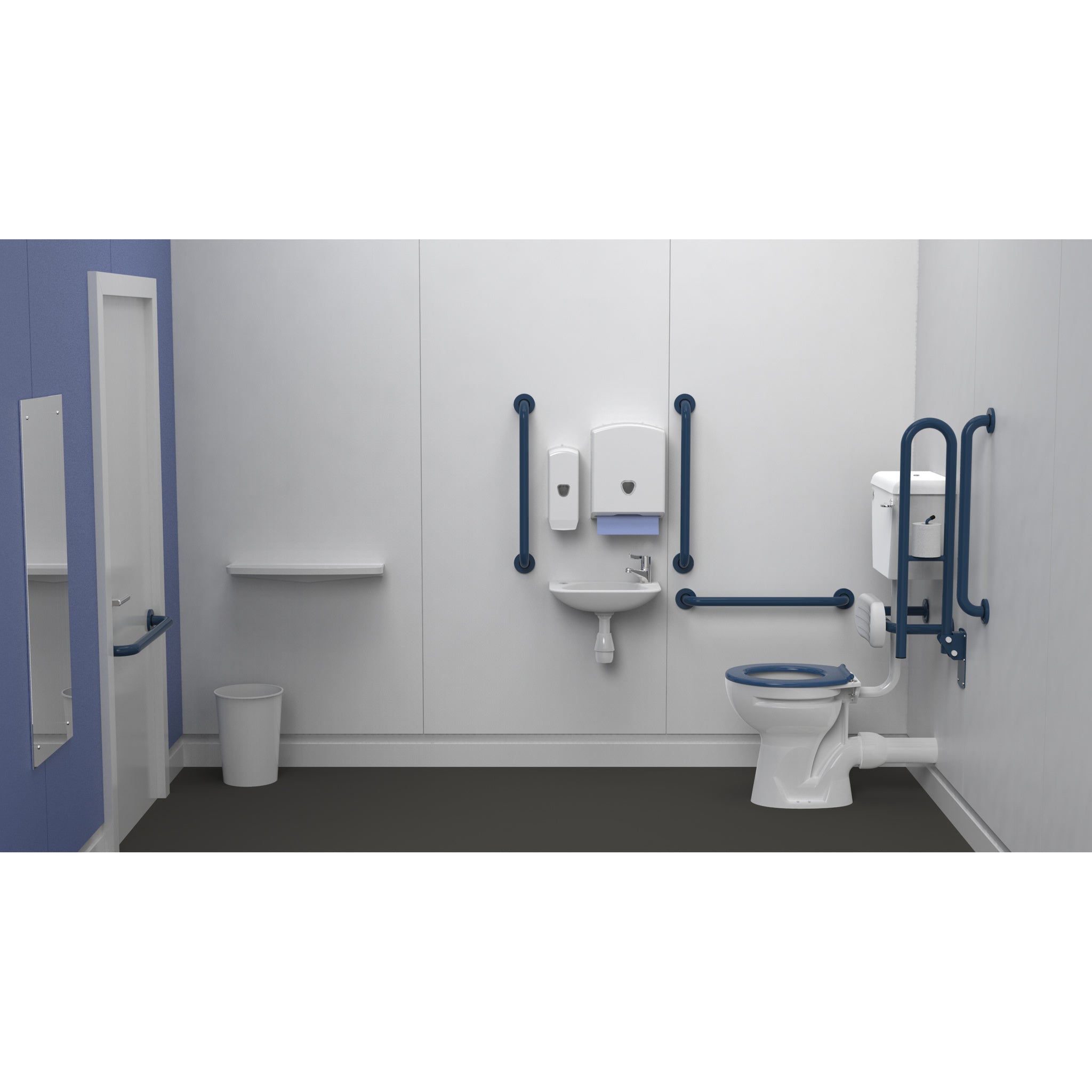 Fitzroy Of London Low Level Doc M Toilet Pack, concealed fixings steel, dark blue finish, lockable lid, installed in a washroom