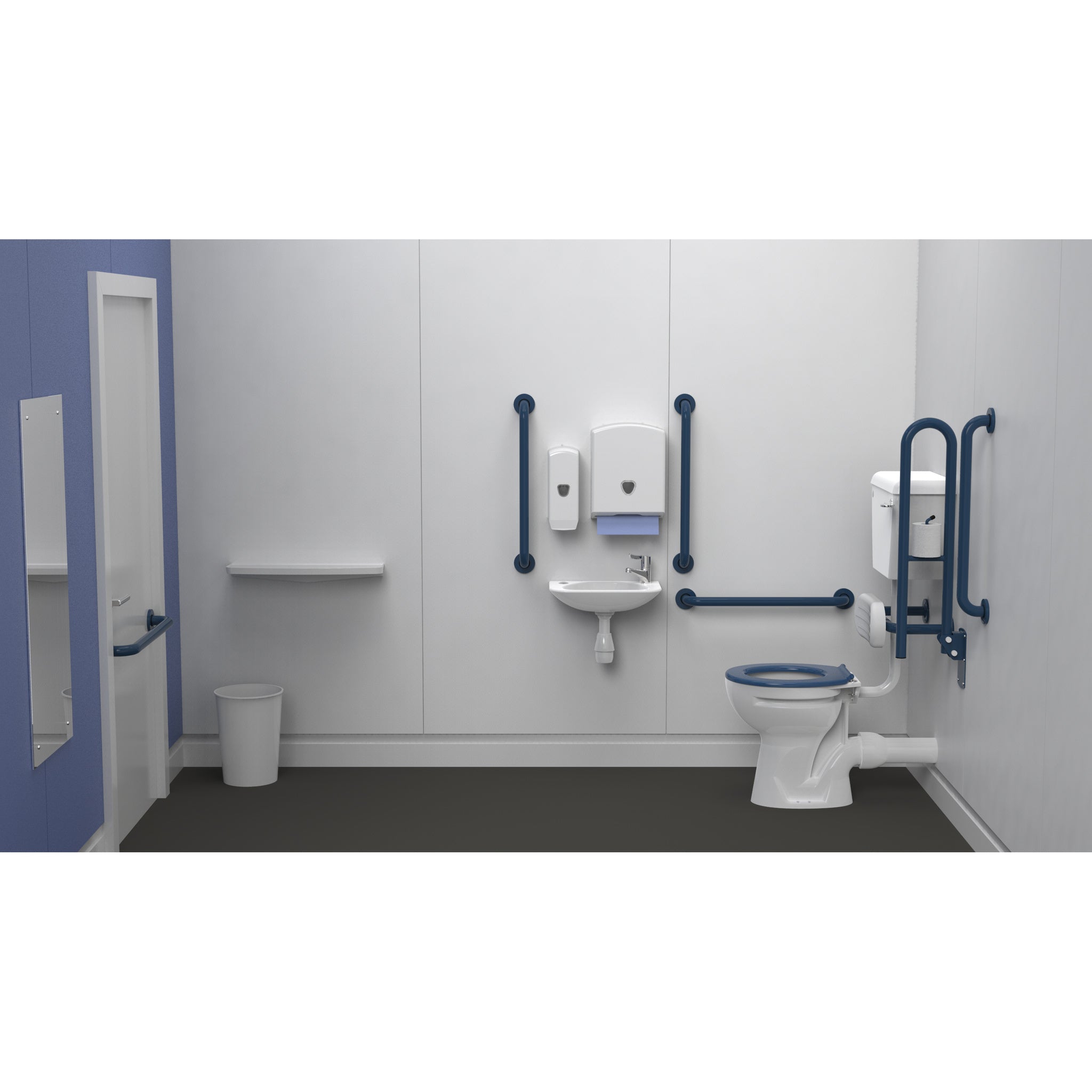 Fitzroy Of London Low Level Doc M Toilet Pack, concealed fixings steel, dark blue finish, standard lid, installed in a washroom
