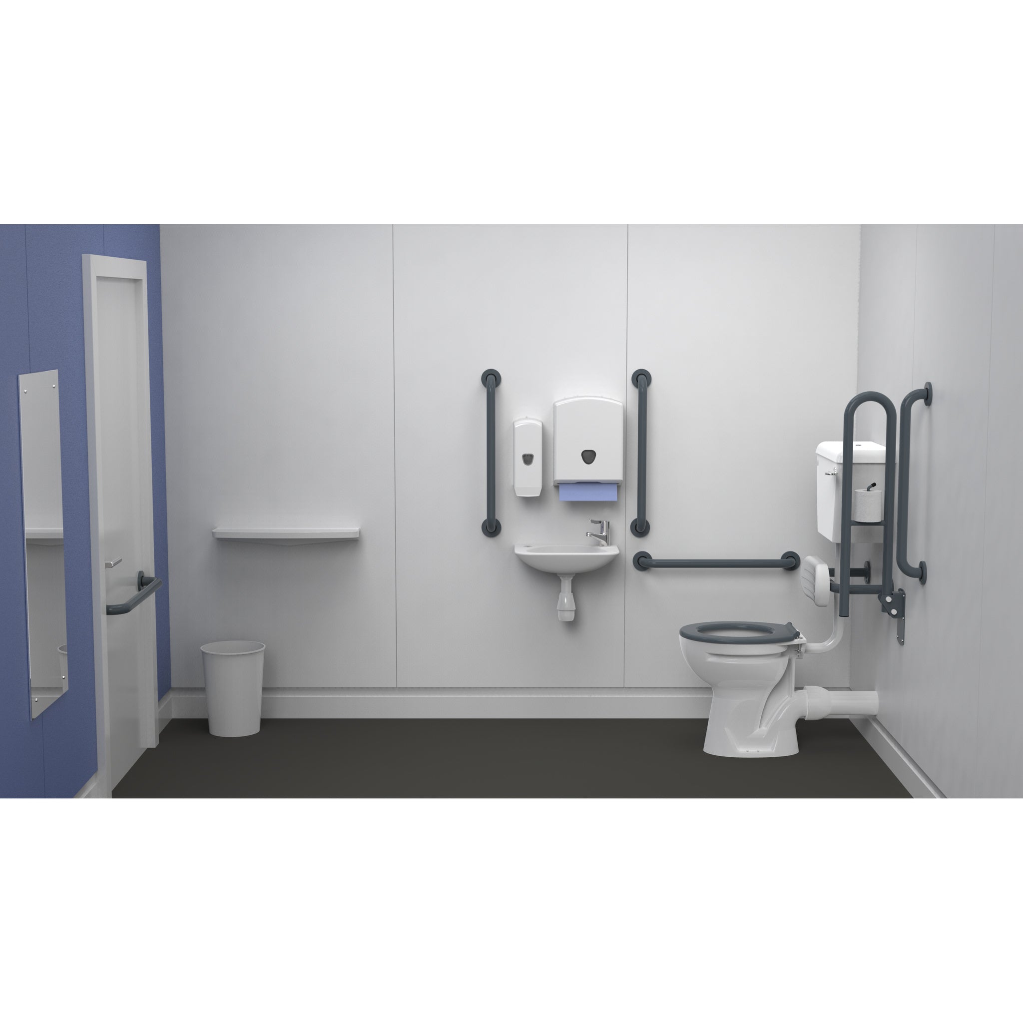 Fitzroy Of London Low Level Doc M Toilet Pack, concealed fixings steel, dark grey finish, lockable lid, installed in a washroom