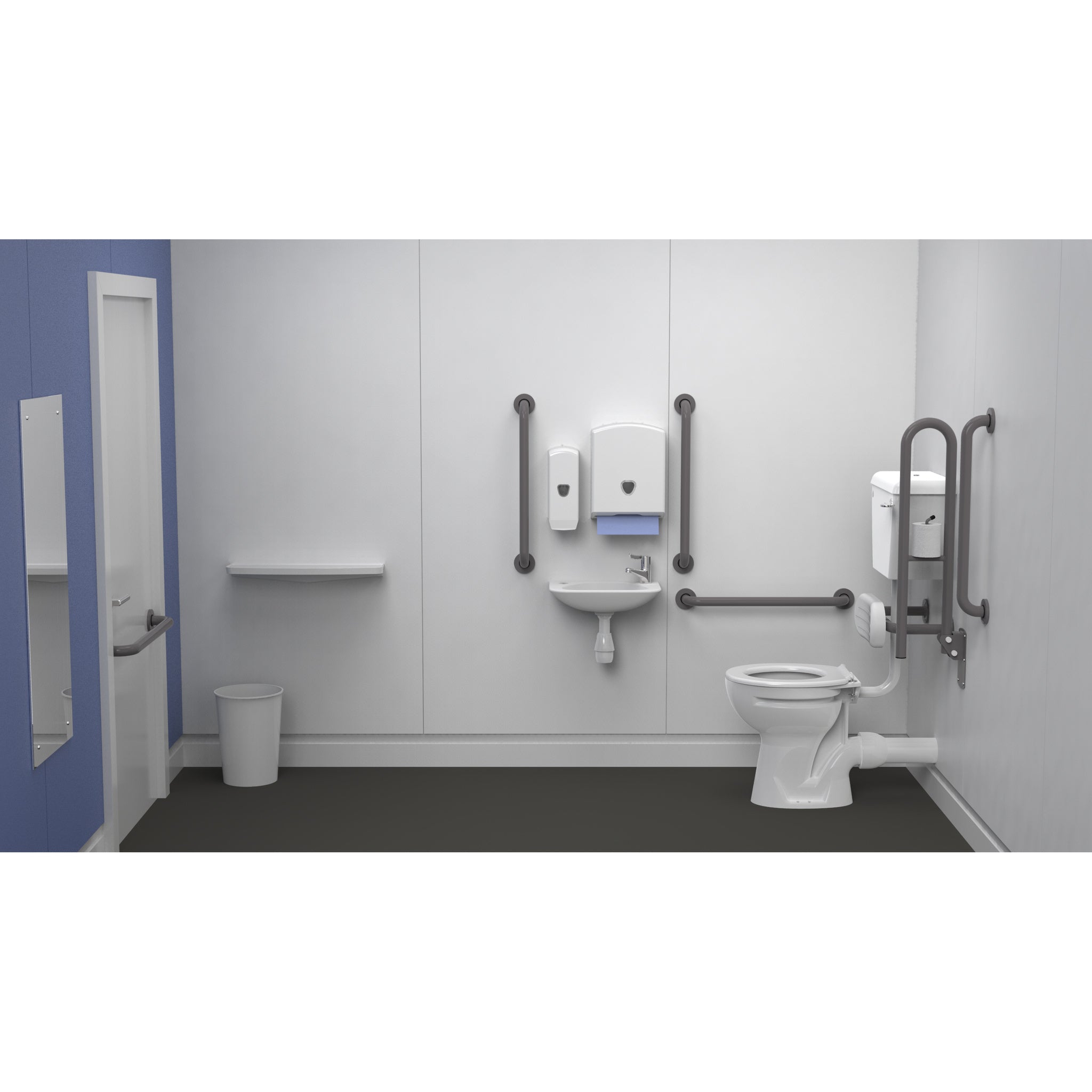 Fitzroy Of London Low Level Doc M Toilet Pack, concealed fixings steel, grey finish, lockable lid, installed in a washroom