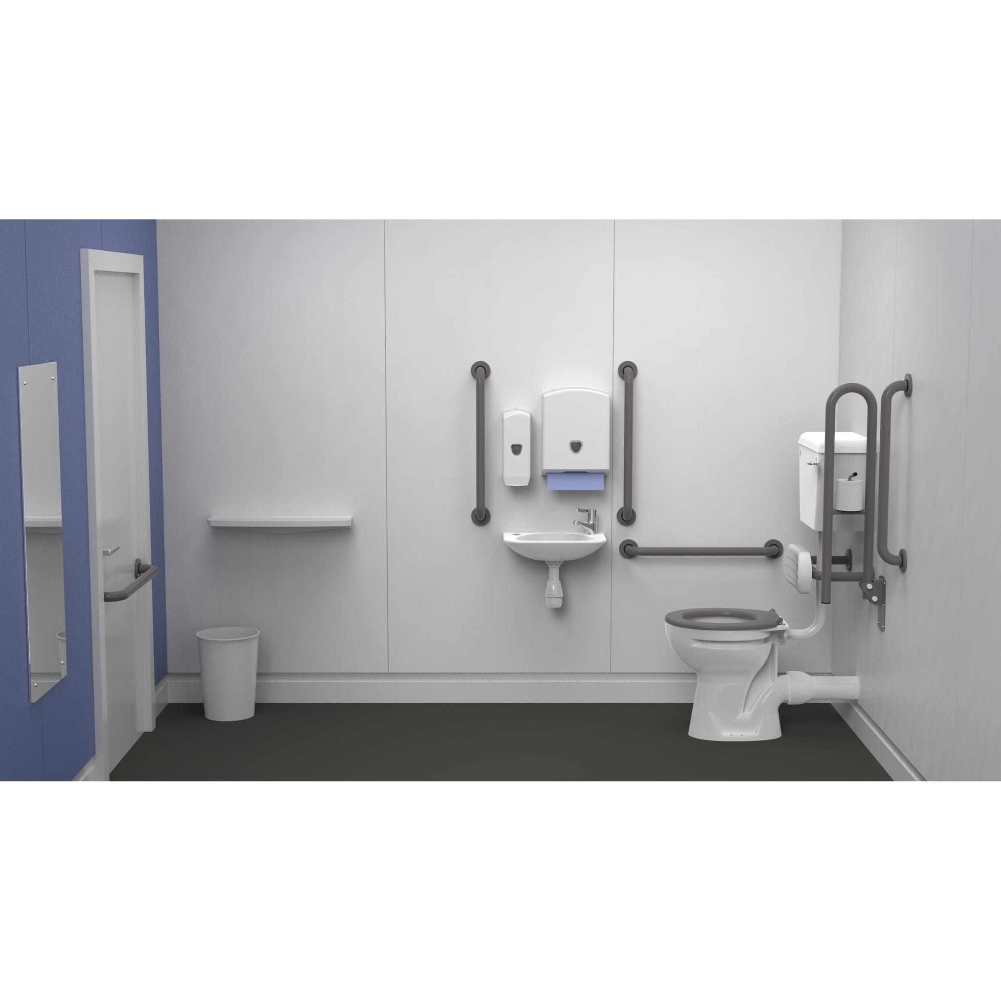 Fitzroy Of London Low Level Doc M Toilet Pack, concealed fixings steel, grey finish, standard lid, installed in a washroom