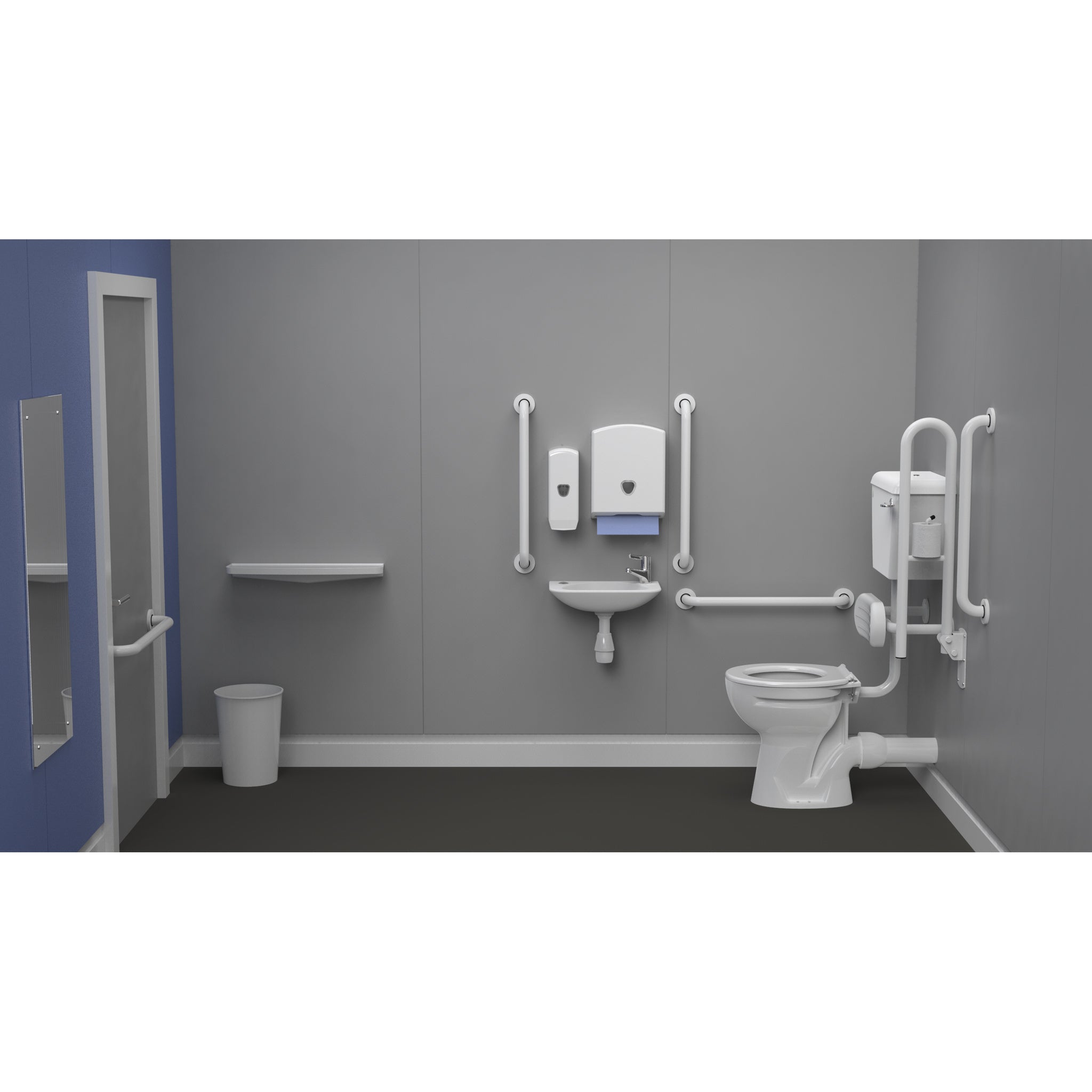Fitzroy Of London Low Level Doc M Toilet Pack, concealed fixings steel, white finish, lockable lid, installed in a washroom