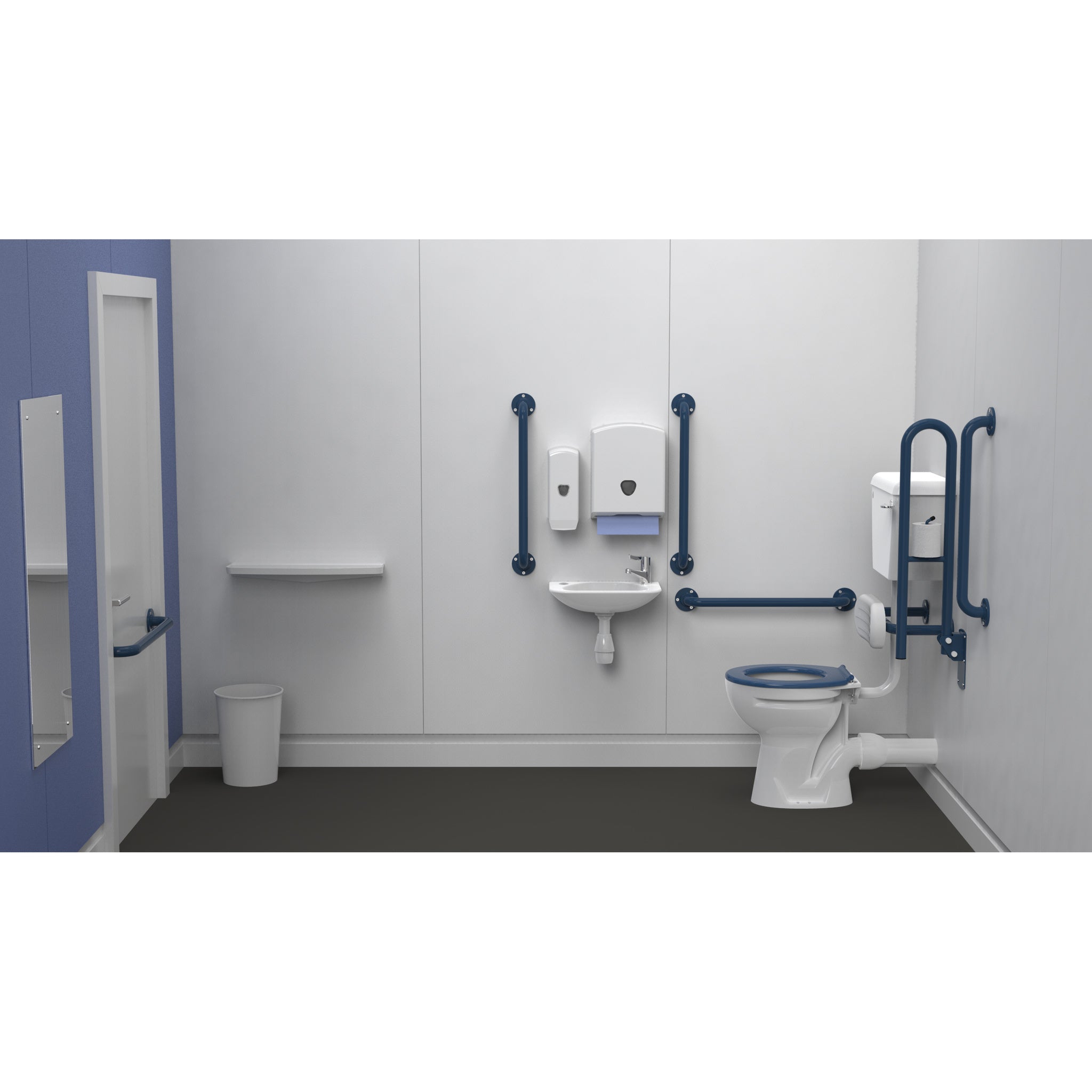 Fitzroy Of London Low Level Doc M Toilet Pack, exposed fixings steel, dark blue finish, installed in a washroom