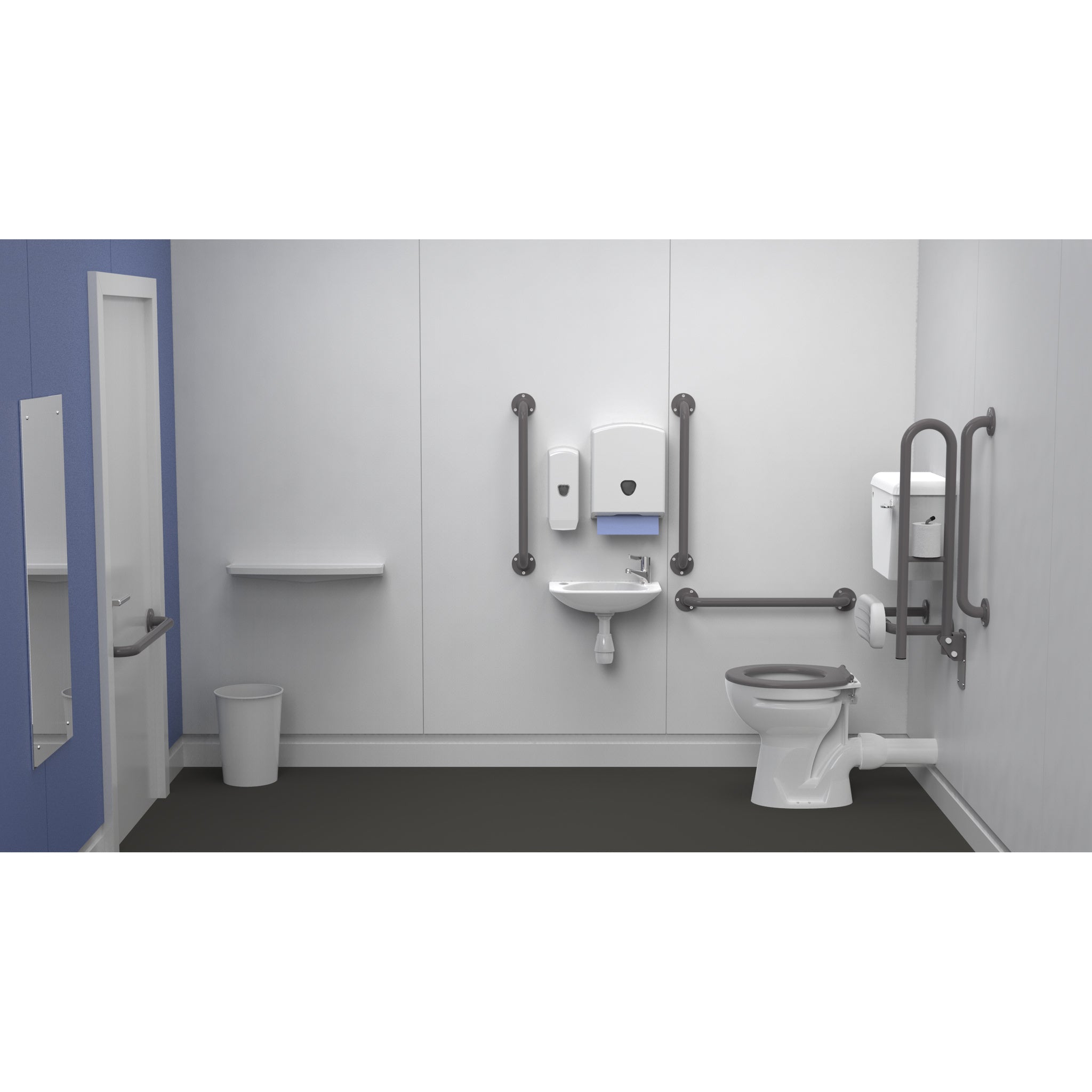 Fitzroy Of London Low Level Doc M Toilet Pack, exposed fixings steel, grey finish, installed in a washroom