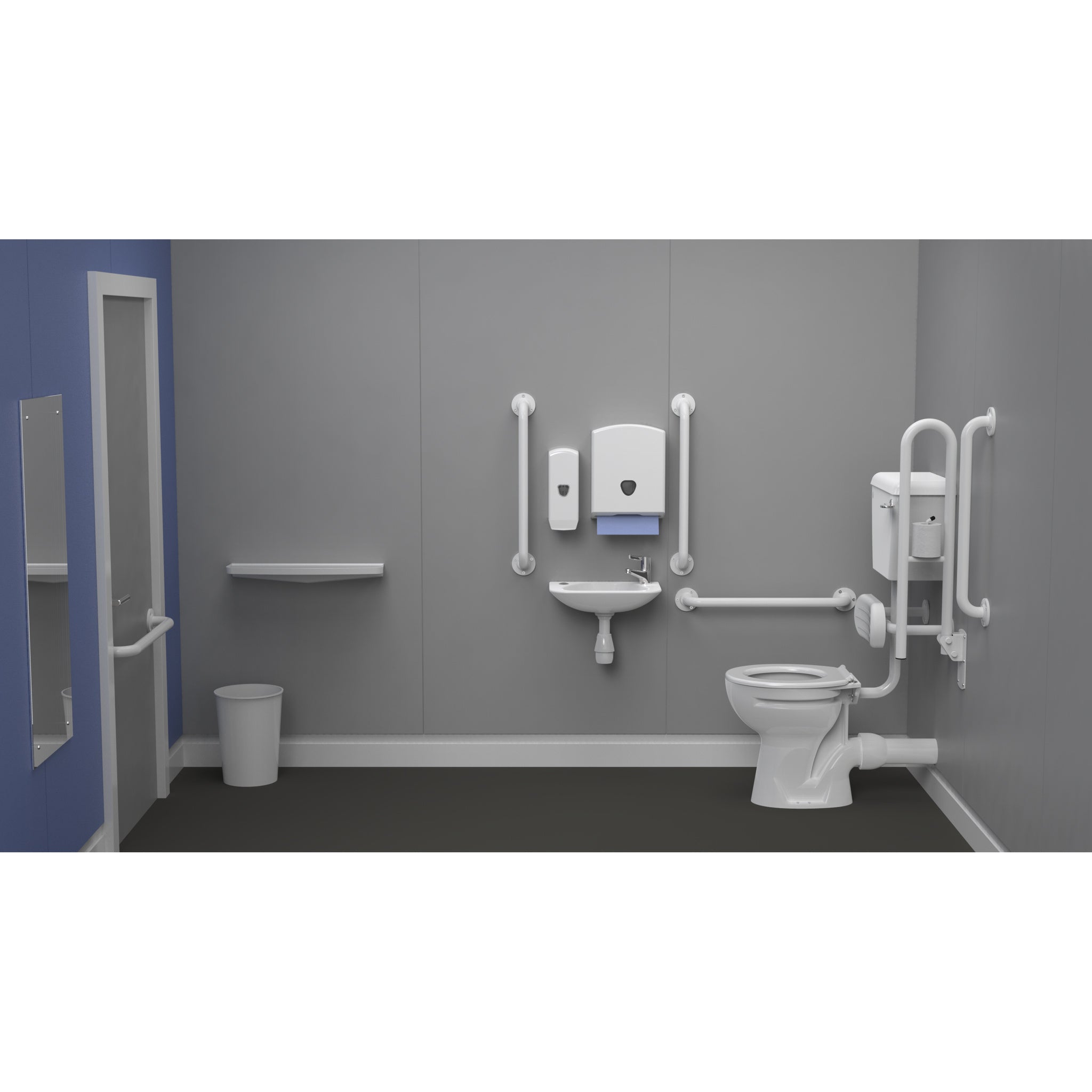 Fitzroy Of London Low Level Doc M Toilet Pack, exposed fixings steel, white finish, installed in a washroom