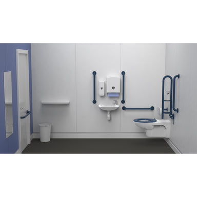 Fitzroy Of London Wall Hung Doc M Toilet Pack, concealed fixings steel, dark blue finish, installed in a washroom