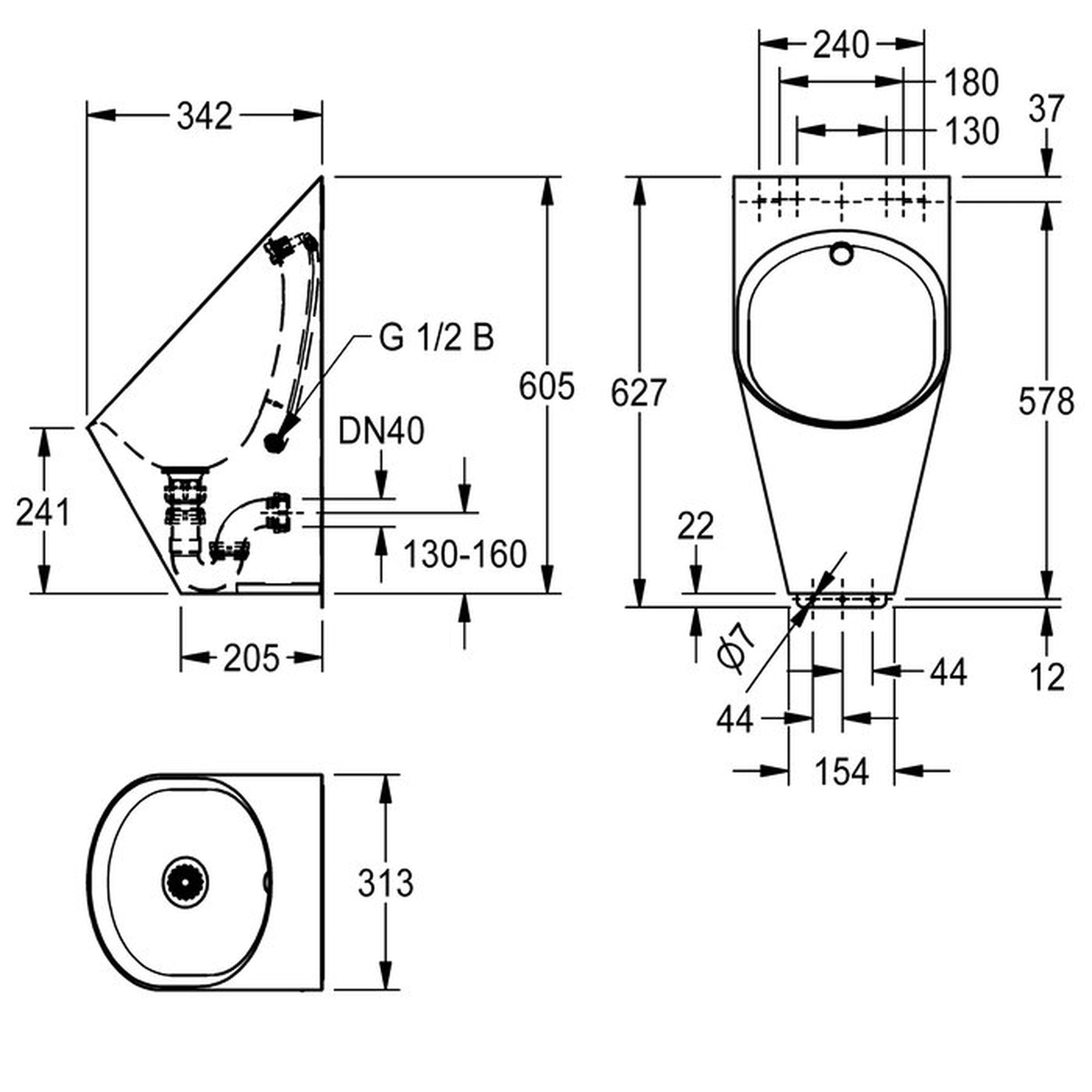 Technical drawing of Franke Campus CMPX539 urinal
