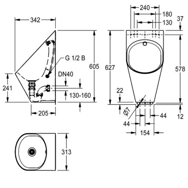 Technical drawing of Franke Campus CMPX539 urinal