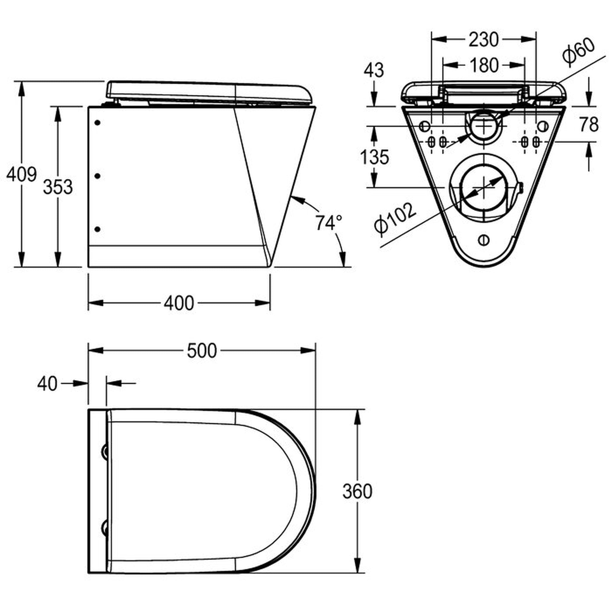 Technical drawing of Franke Campus CMPX592 wall hung toilet, hinged seat