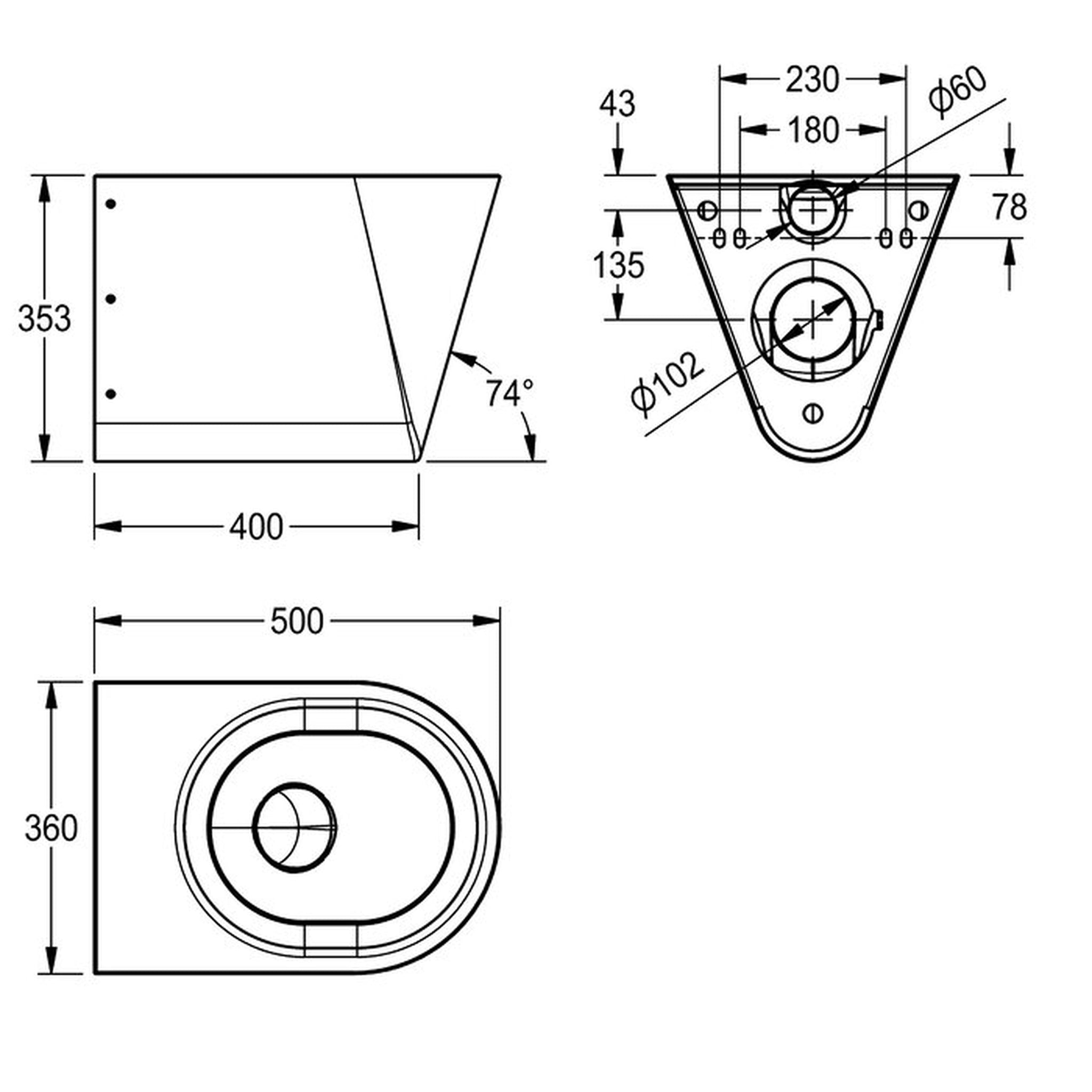Technical drawing of Franke Campus CMPX592 wall hung toilet, no seat