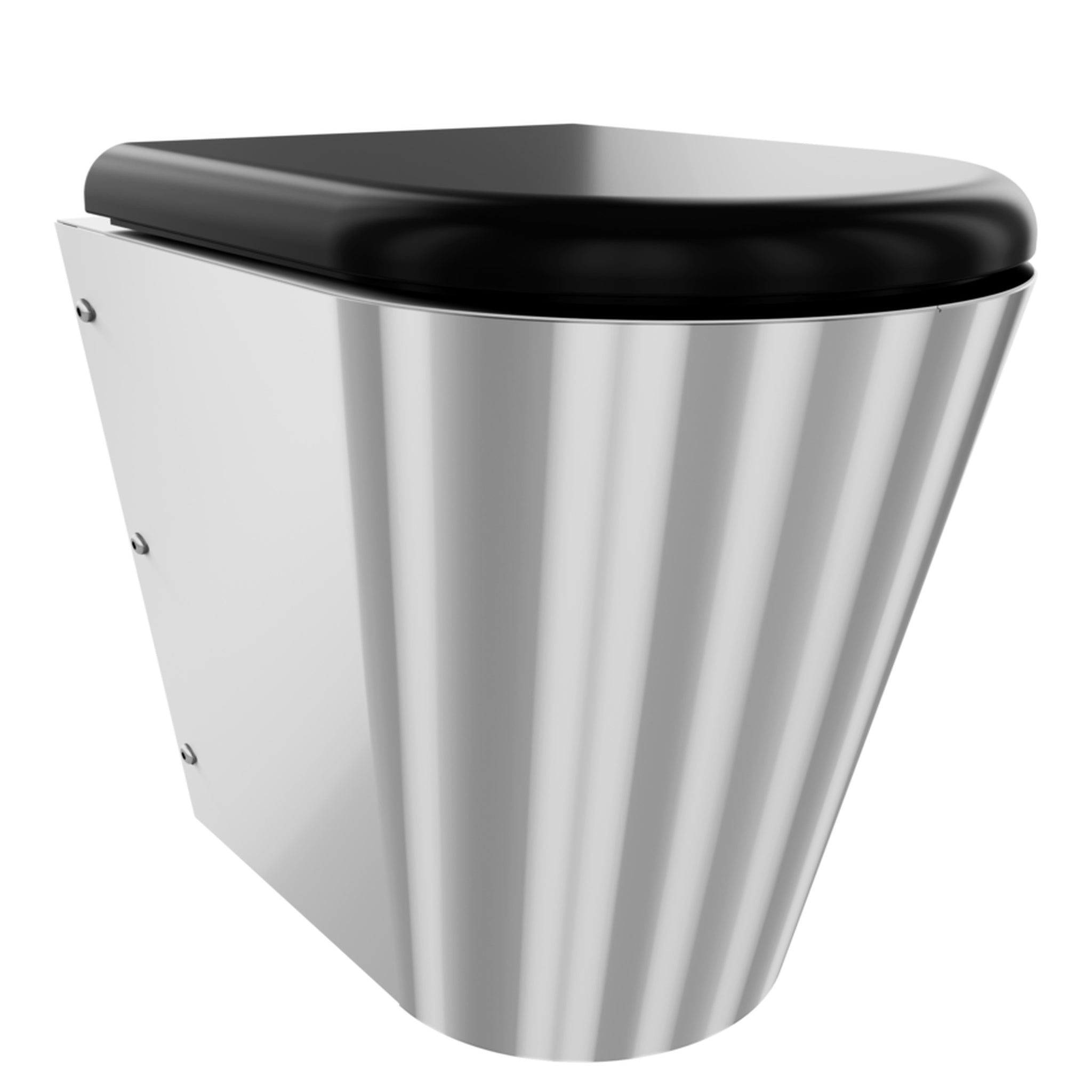 Franke Campus CMPX597 wall hung toilet, Shroud To The Floor with black hinged seat, side angle showing fluted shroud panel, lid closed