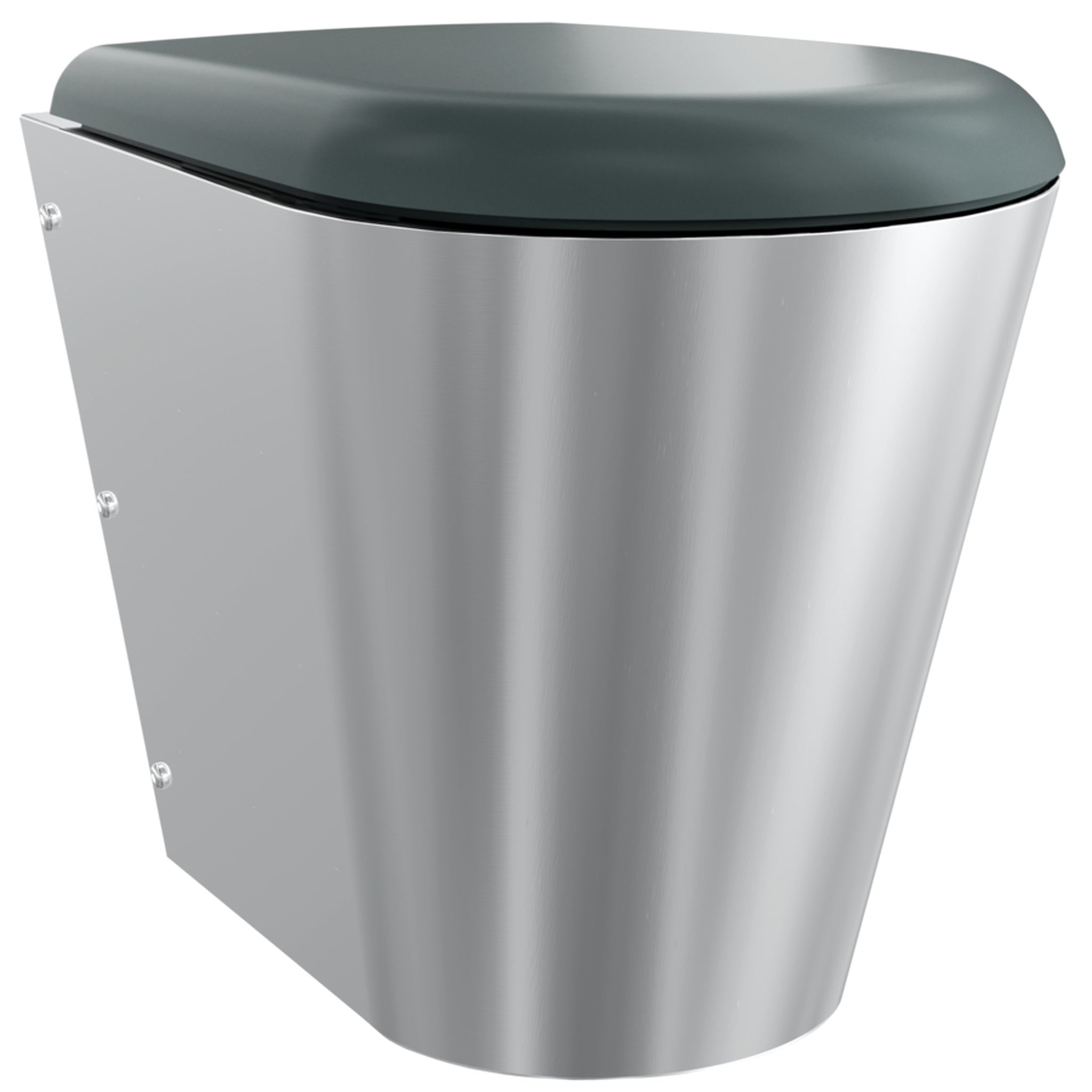 Franke Campus CMPX597 wall hung toilet, Shroud To The Floor with grey hinged seat, side angle showing smooth shroud panel, lid closed