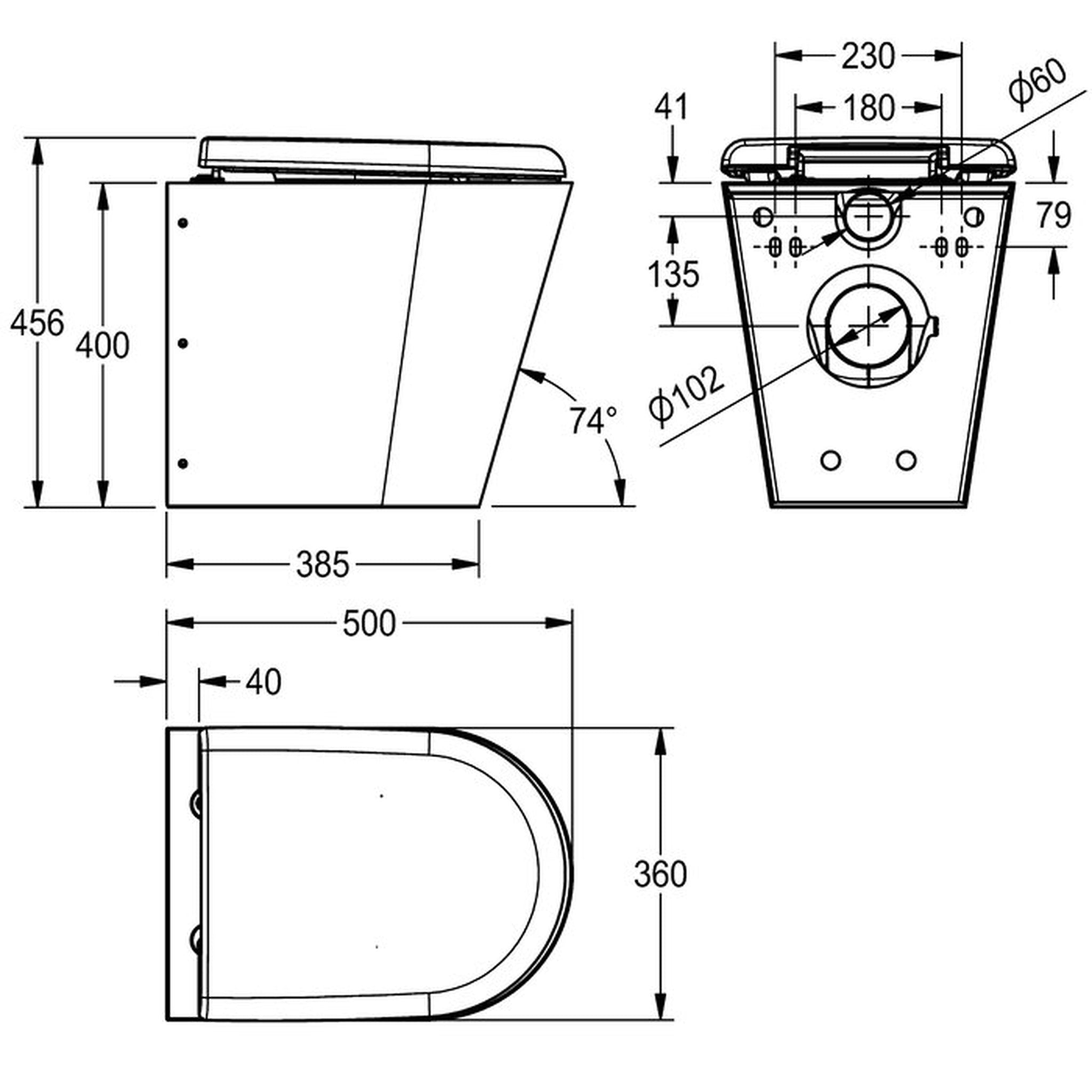 Technical drawing of Franke Campus CMPX597 wall hung toilet, Shroud To The Floor, hinged seat