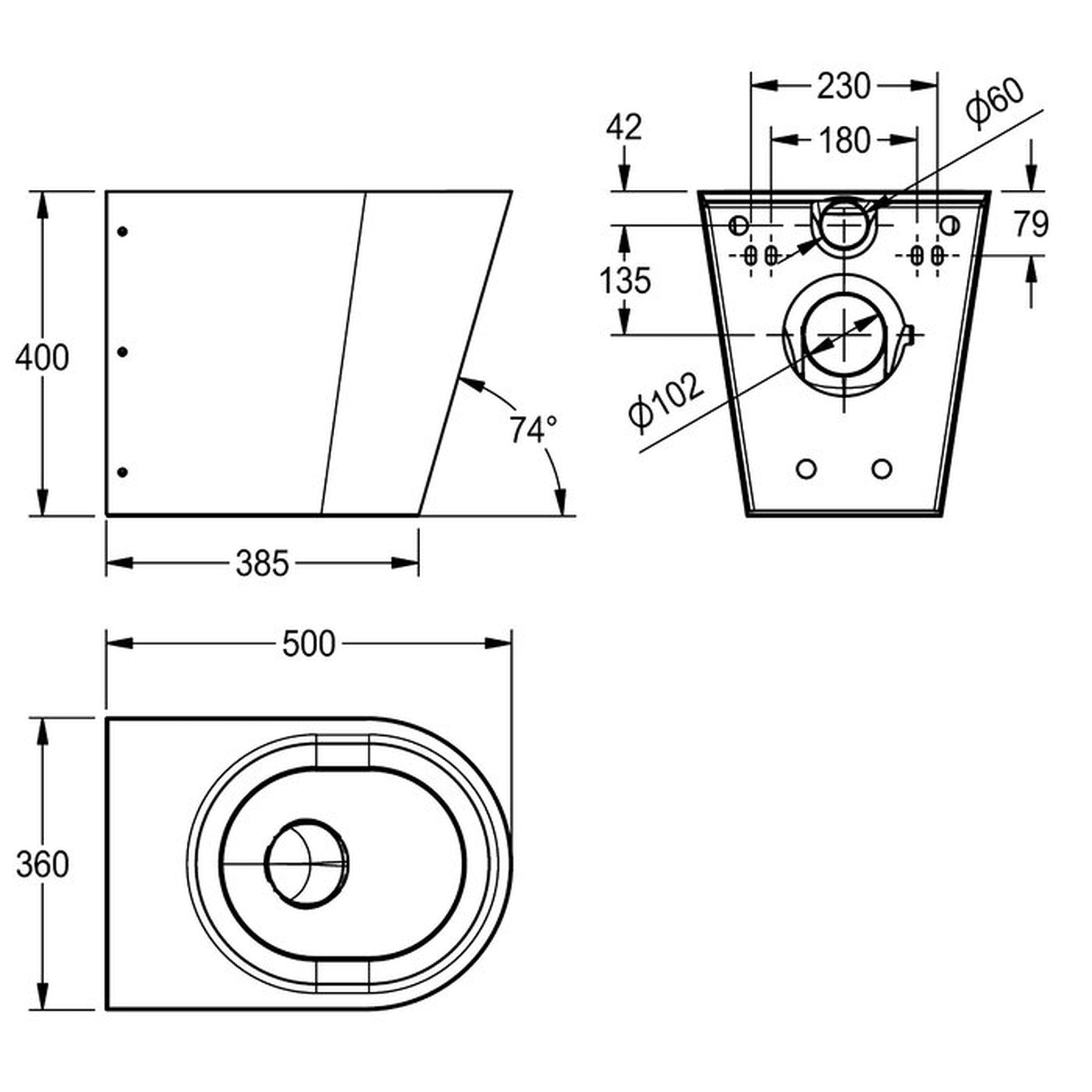 Technical drawing of Franke Campus CMPX597 wall hung toilet, Shroud To The Floor, no seat