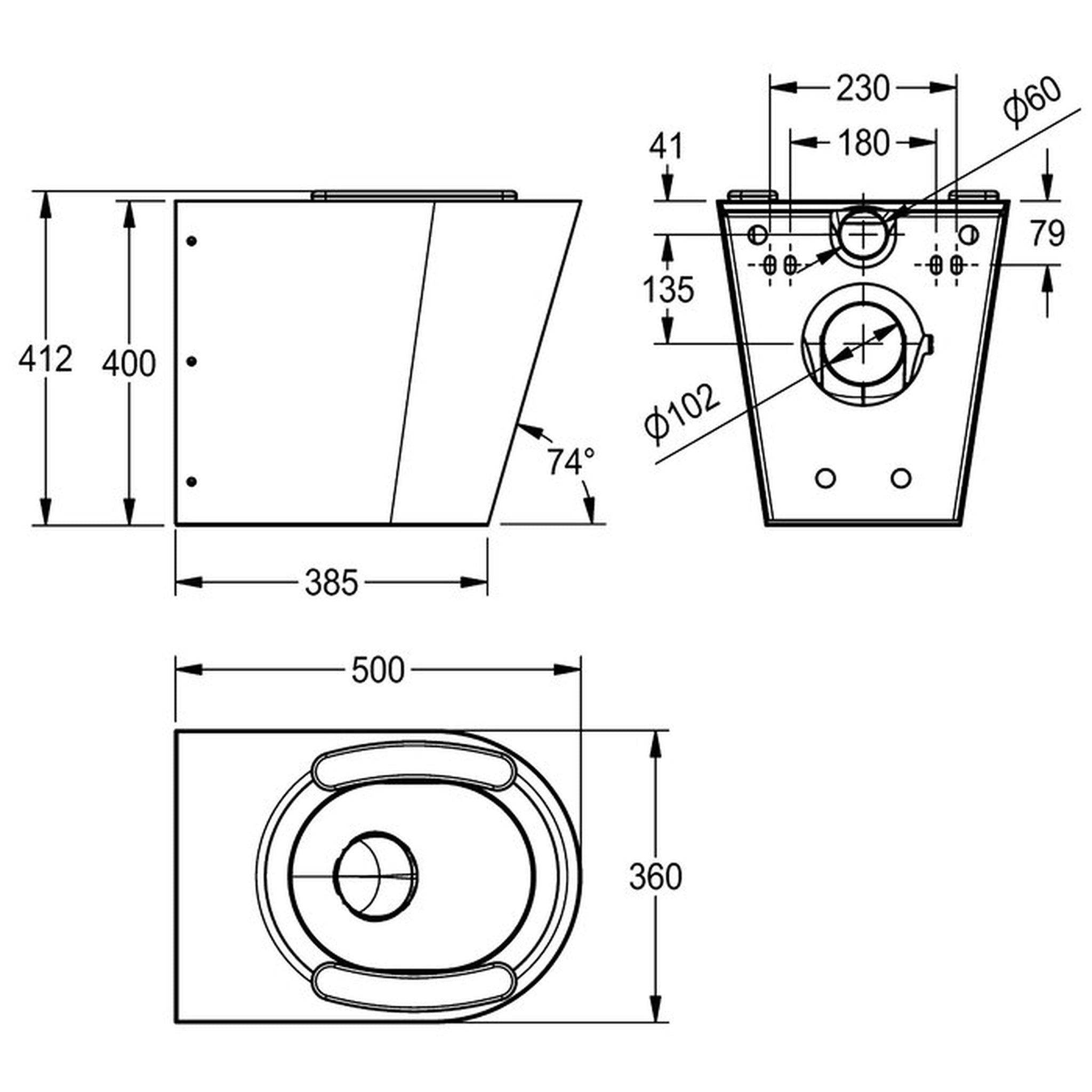 Technical drawing of Franke Campus CMPX597 wall hung toilet, Shroud To The Floor, seat pad