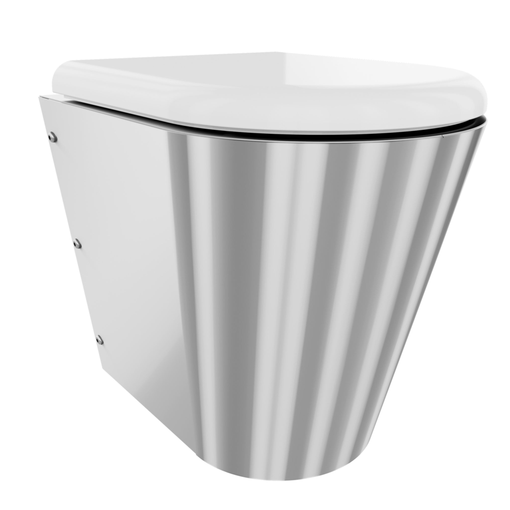 Franke Campus CMPX597 wall hung toilet, Shroud To The Floor with white hinged seat, side angle showing fluted shroud panel and fixing bolts, lid closed