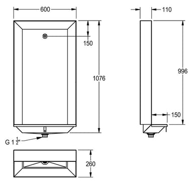 Technical drawing of Franke Campus urinal Stand, 600mm wide