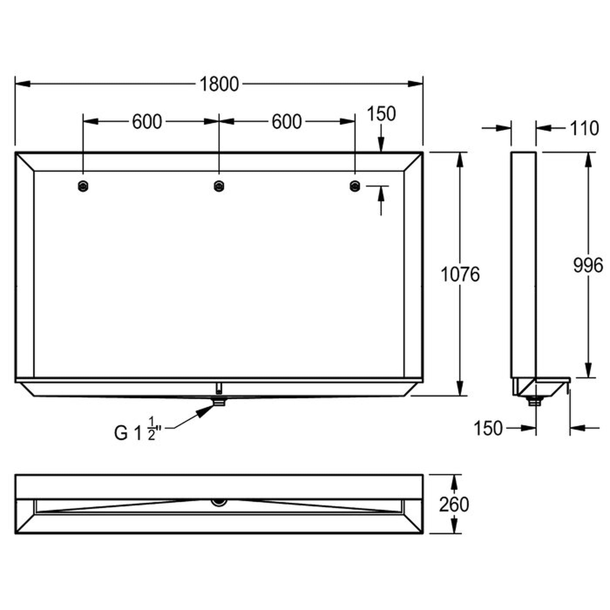 Technical drawing of Franke Campus urinal trough Stand, 1 800mm wide