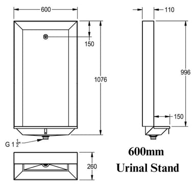KWC DVS Campus Urinal Stand 600mm BS550 Technical Drawing