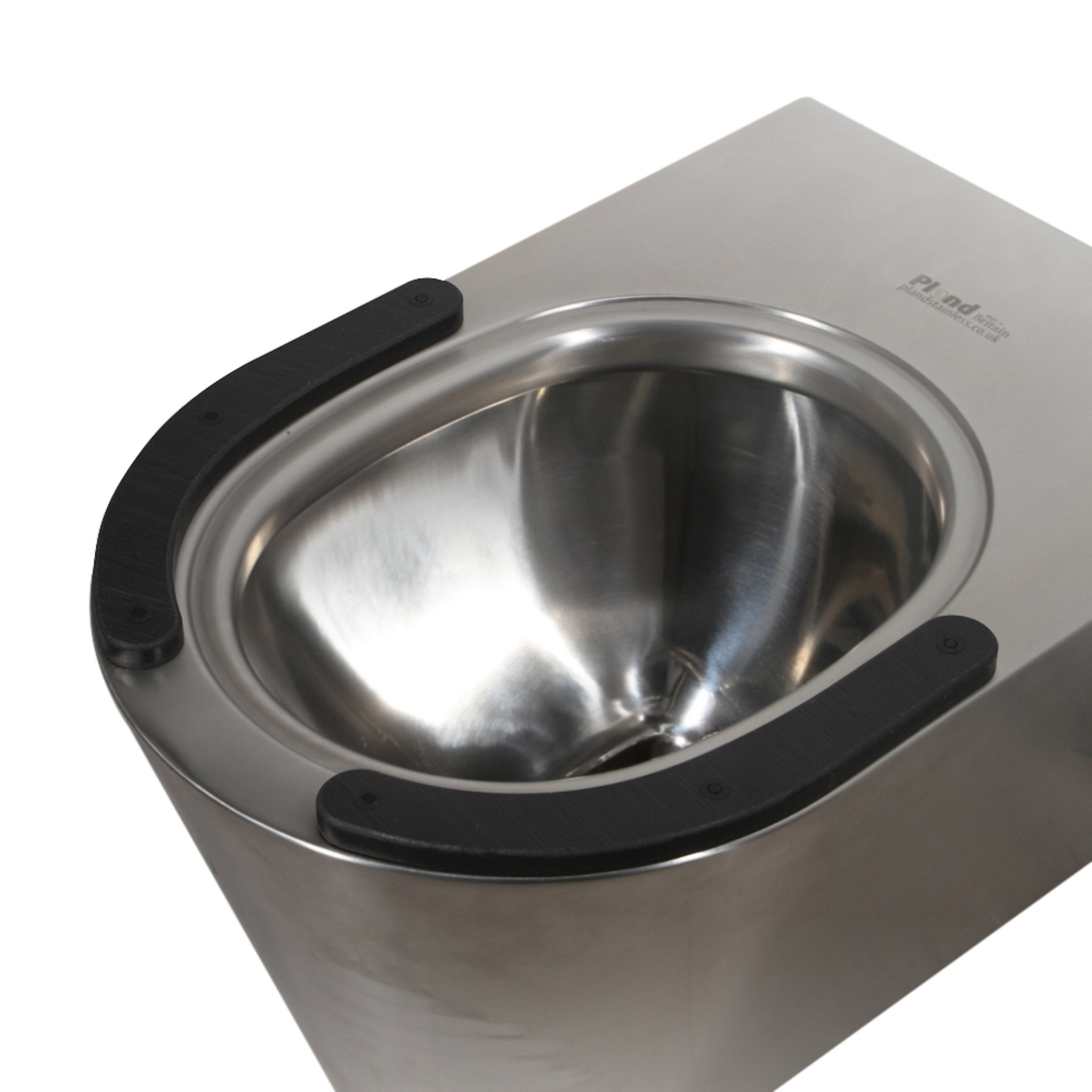 Black seat pads option for the Pland Austin 2 Stainless Steel Wall Hung Toilet Pan, close up
