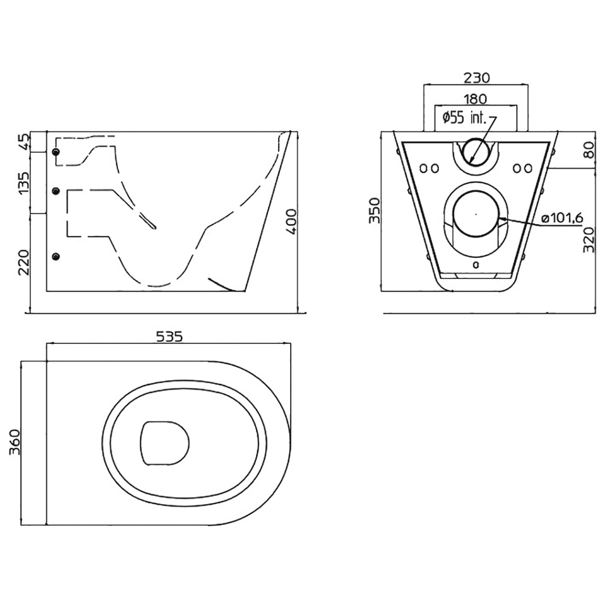 Technical drawing of Pland Austin 2 Stainless Steel Wall Hung Toilet Pan