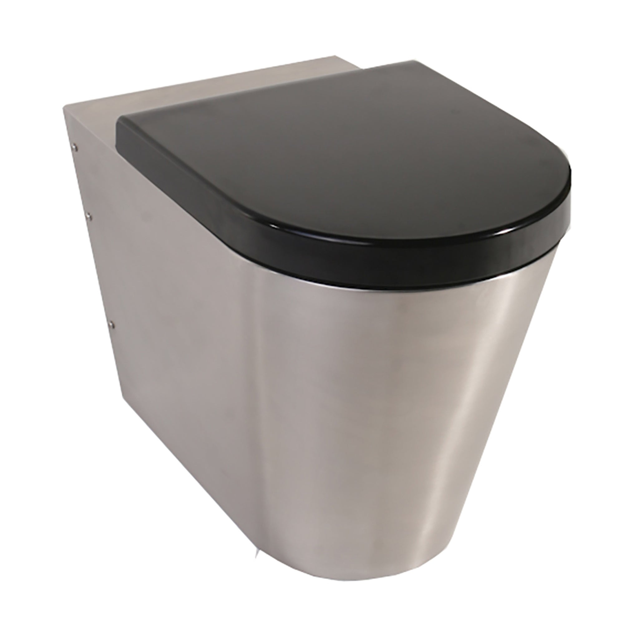 Pland Austin 2 Stainless Steel Wall Hung Toilet Pan with black seat and lid, three quarter view