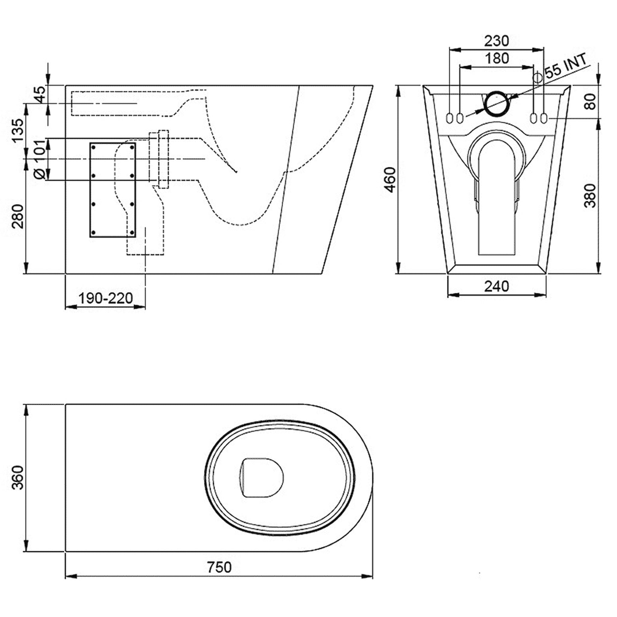 Technical drawing of Pland Monaco Stainless Steel Back To Wall Disabled Toilet Pan, rear inlet version