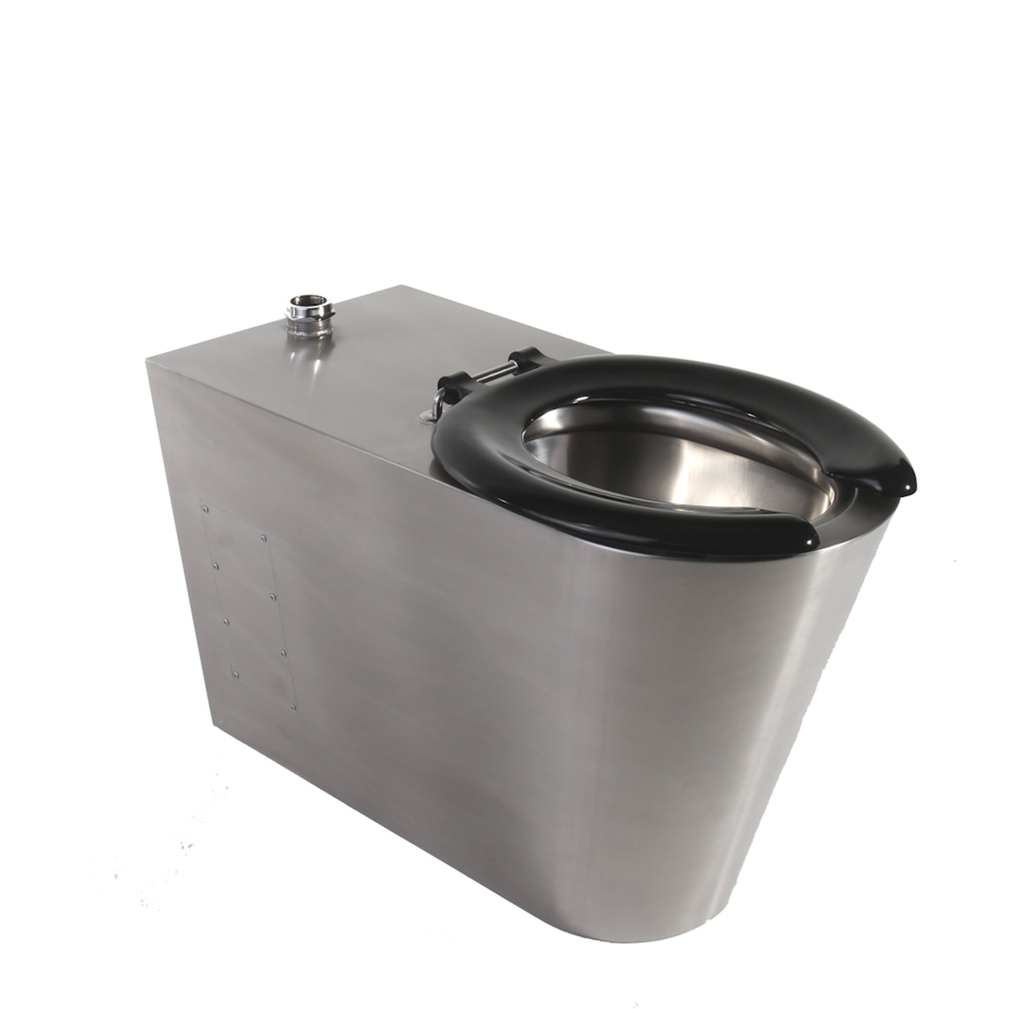 Pland Monaco Stainless Steel Back To Wall Disabled Toilet Pan, top inlet version, shown with a black open fronted seat, three quarter view