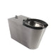 Pland Monaco Stainless Steel Back To Wall Disabled Toilet Pan, top inlet version, shown with a black open fronted seat, three quarter view