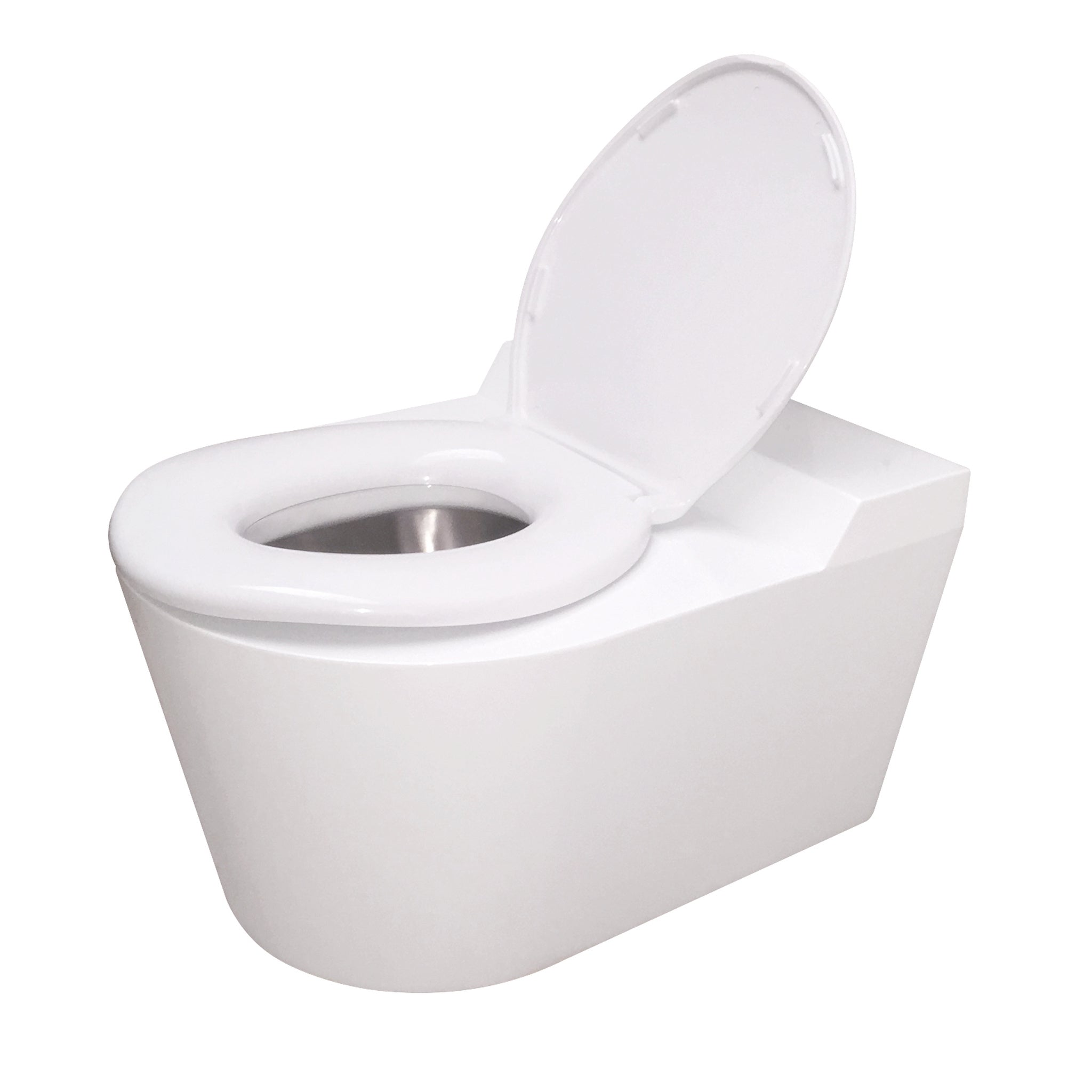 Pland Richmond White Stainless Steel Bariatric Toilet, three quarter view, lid open