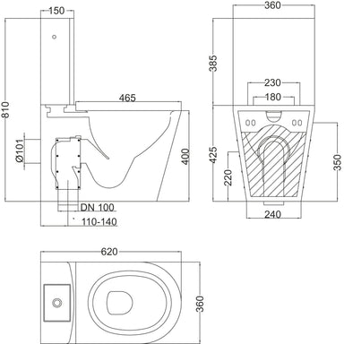 Technical drawing of Pland Vail 2 Stainless Steel Close Coupled Toilet