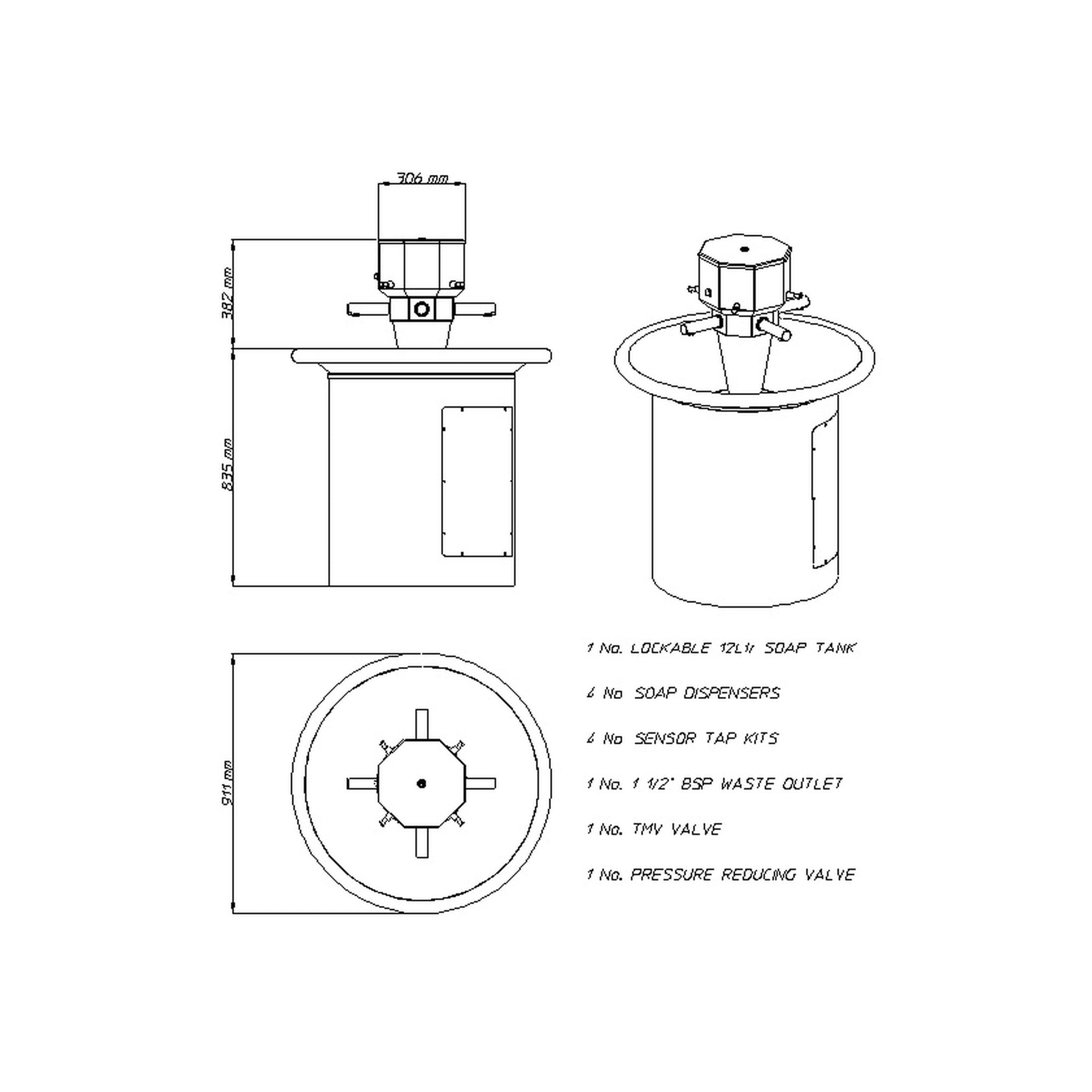 Technical drawing of Pland Venice Circular Stainless Steel Hand Wash Station, 4 to 6 person 911mm diameter