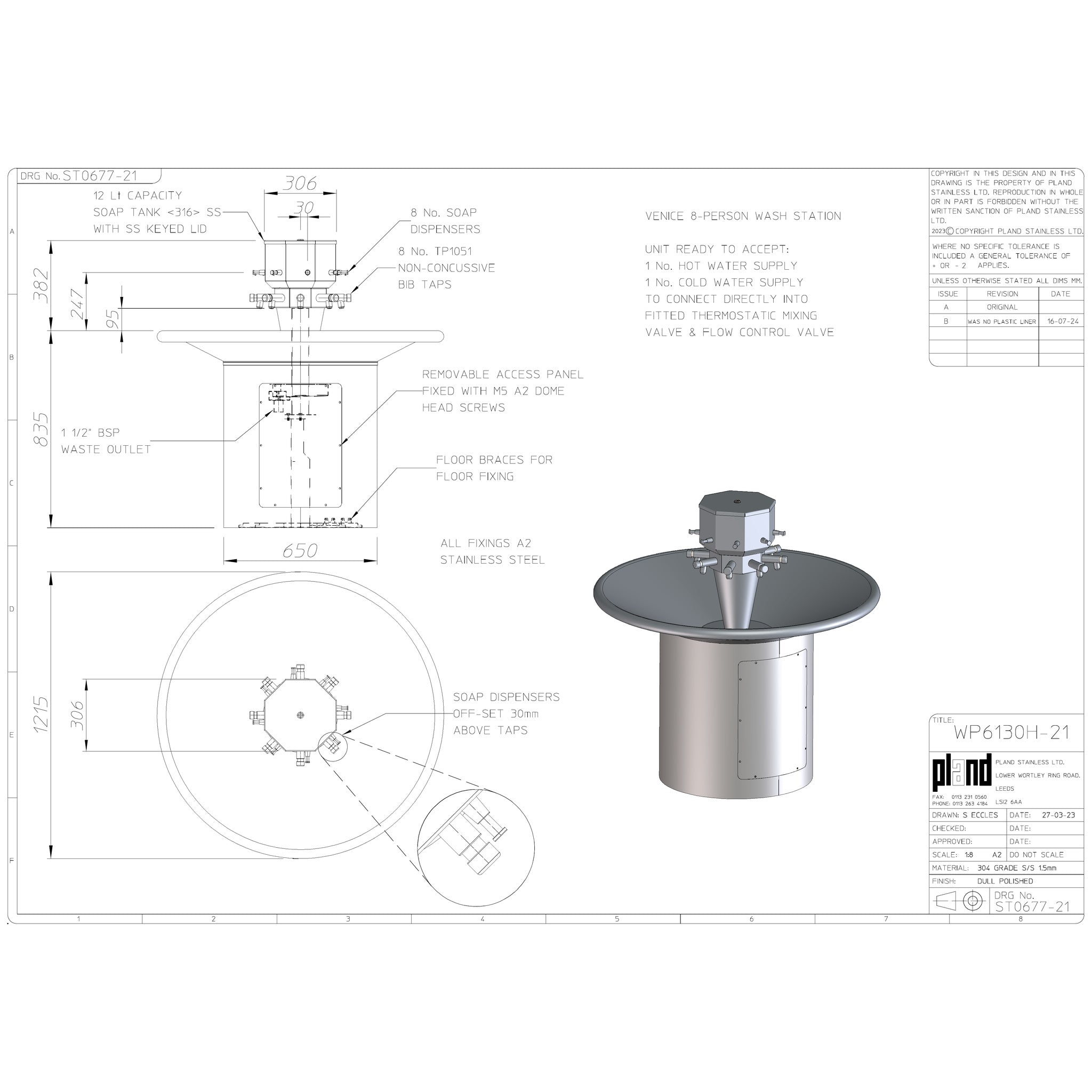 Technical drawing of Pland Venice Circular Stainless Steel Hand Wash Station, 6 to 8 person 1215mm diameter, hand operated