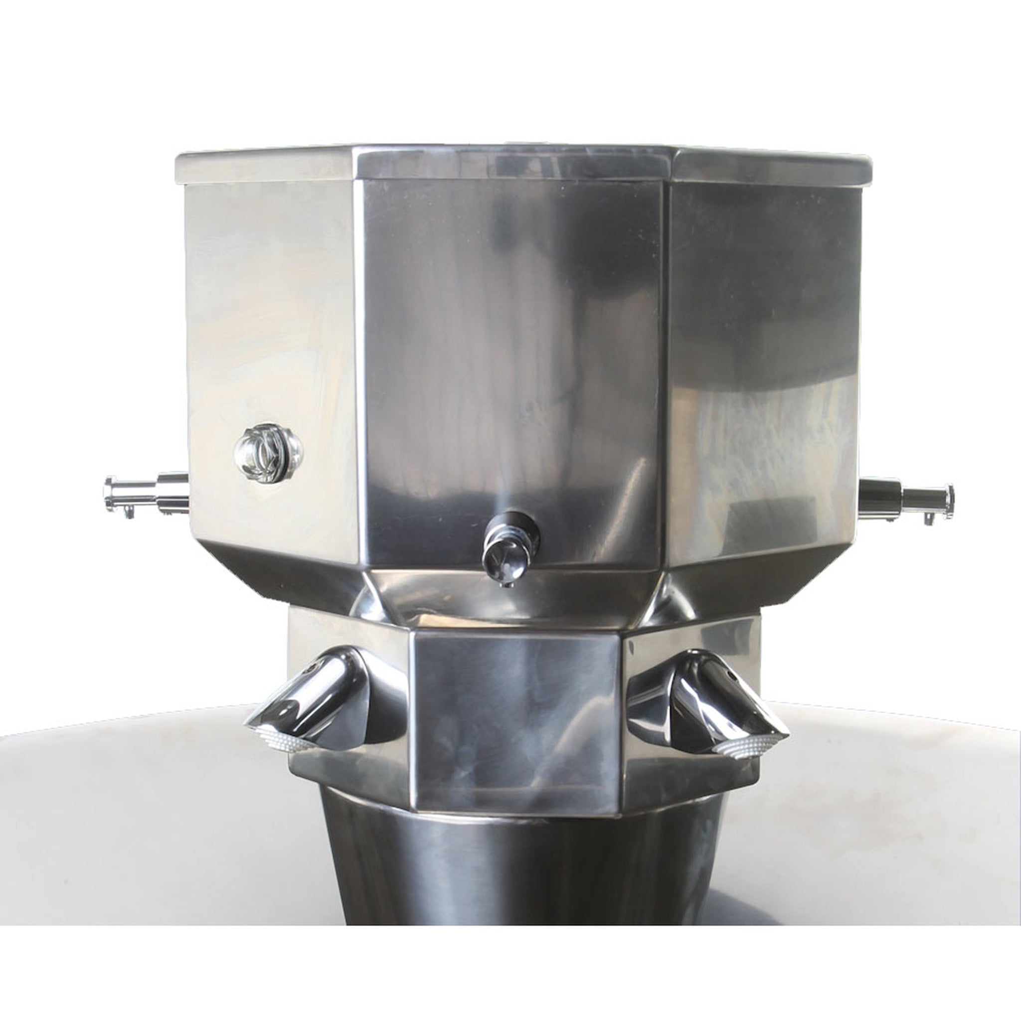 Pland Venice Circular Stainless Steel Hand Wash Station, close up of the foot operated spouts and soap tank