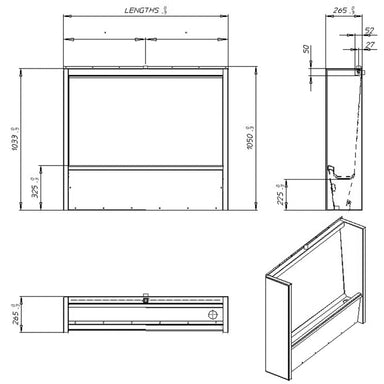 Technical drawing of Pland Vienna Floor Standing Stainless Steel Urinal Trough